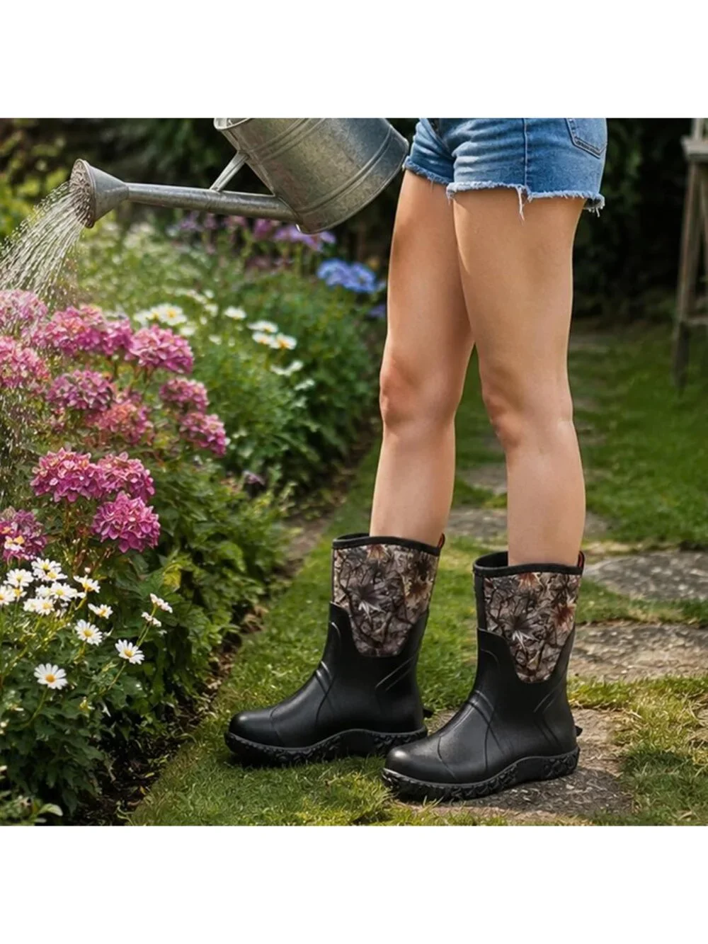 Women's Black Waterproof Breathable Mid Calf Design Garden Work Mud Rain Boots